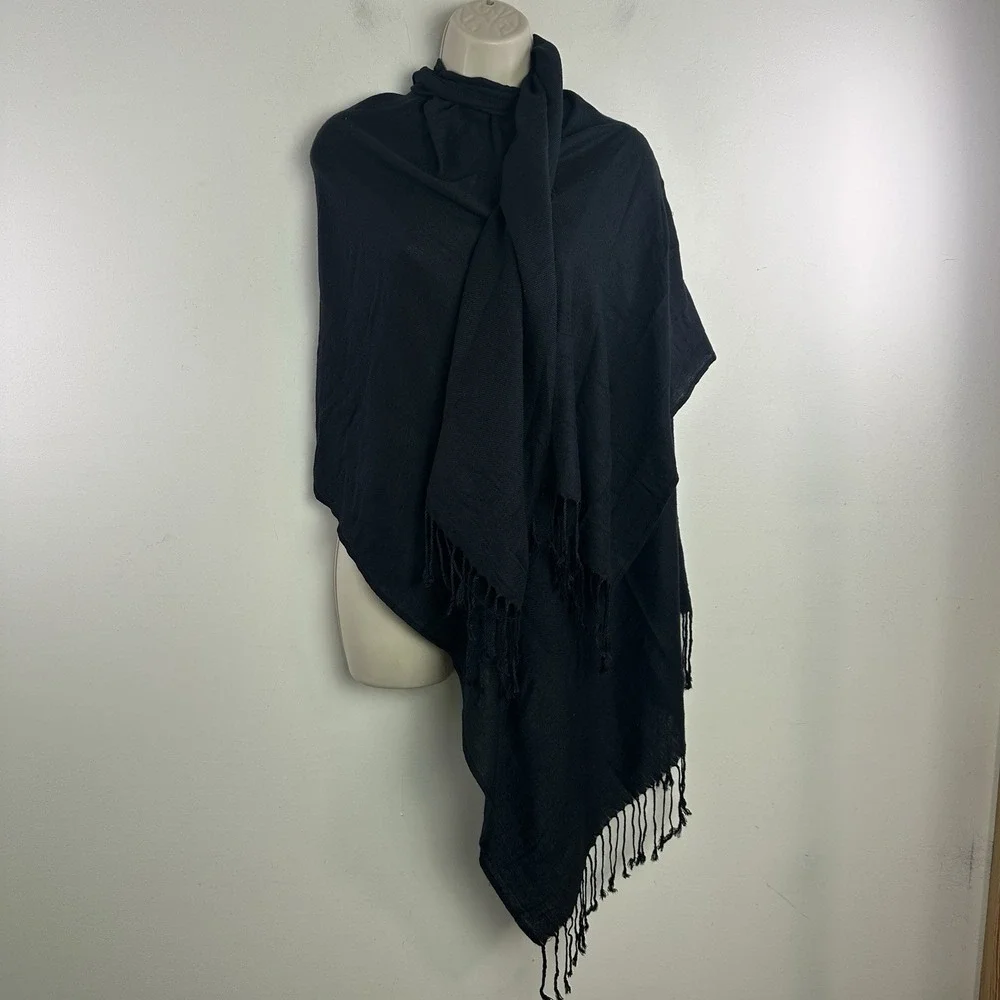Black Scarf Shawl Pashmina wool/silk fringe